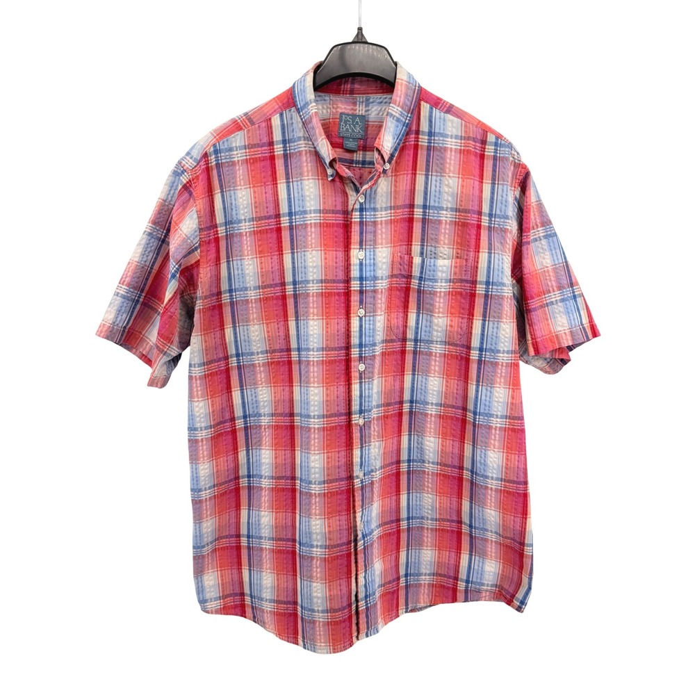 Jos. A. Bank Mens XL Pre-Owned Seersucker Shirt Pink/Blue Multi Plaid Stays Cool